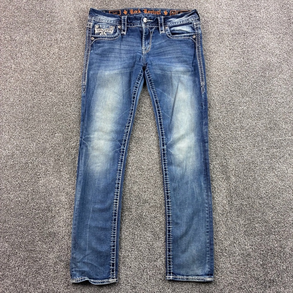 Rock Revival Leni Straight Jeans Women's 29 Blue Cotton Sequin Contrast Stitch